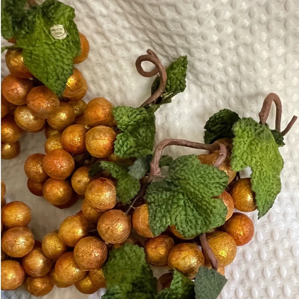 Decorative Artificial Grape Clusters Set of 12 Gold Orange Hard Plastic Textured